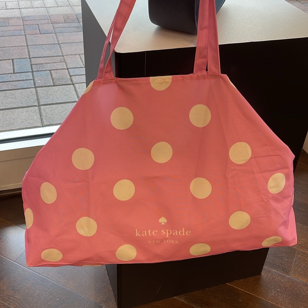 Kate Spade Soft Pink-White Polka Dots Canvas Tote XL Reusable Shopping Beach Bag - Picture 8 of 16